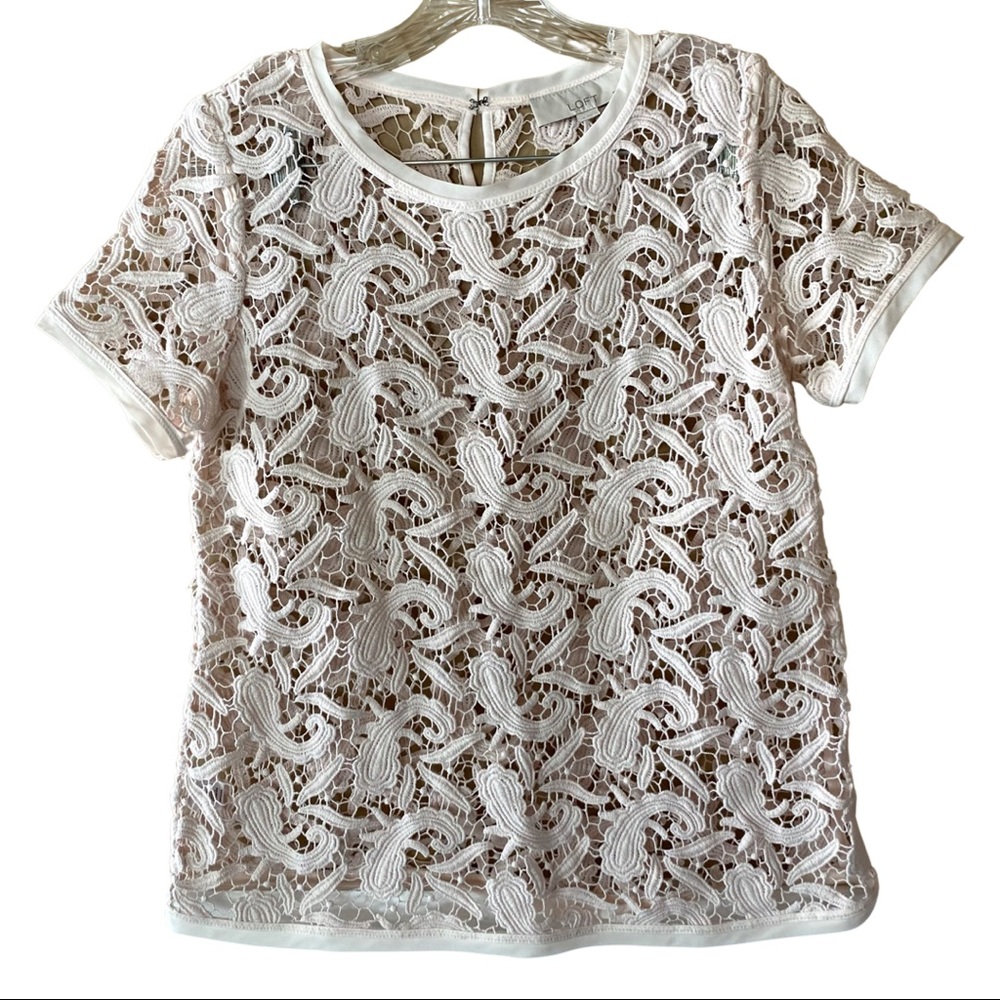 Ann Taylor Loft blush pink crocheted lace top in size medium petite